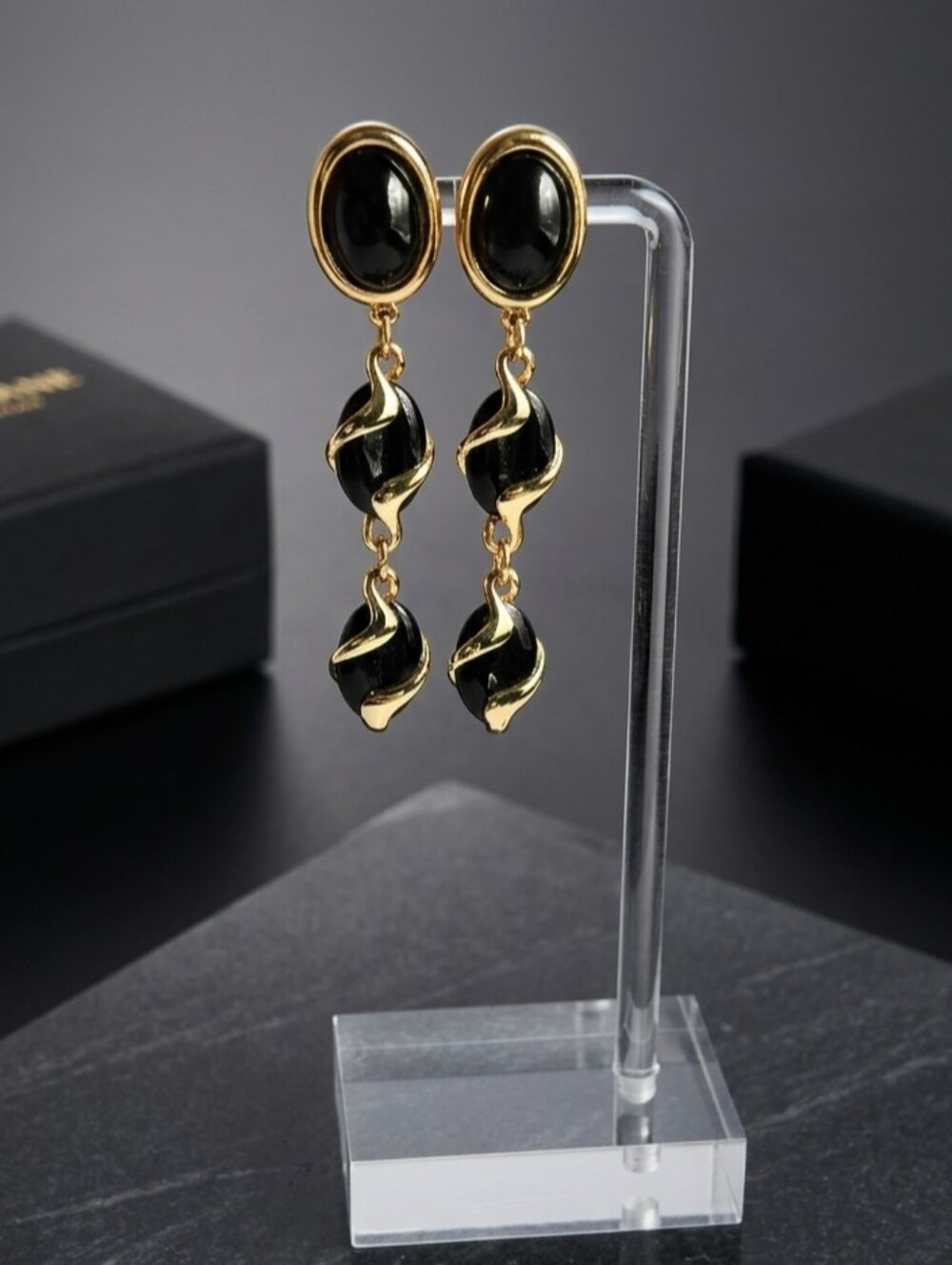 Swarovski Black and Gold Twisted Drop Earrings